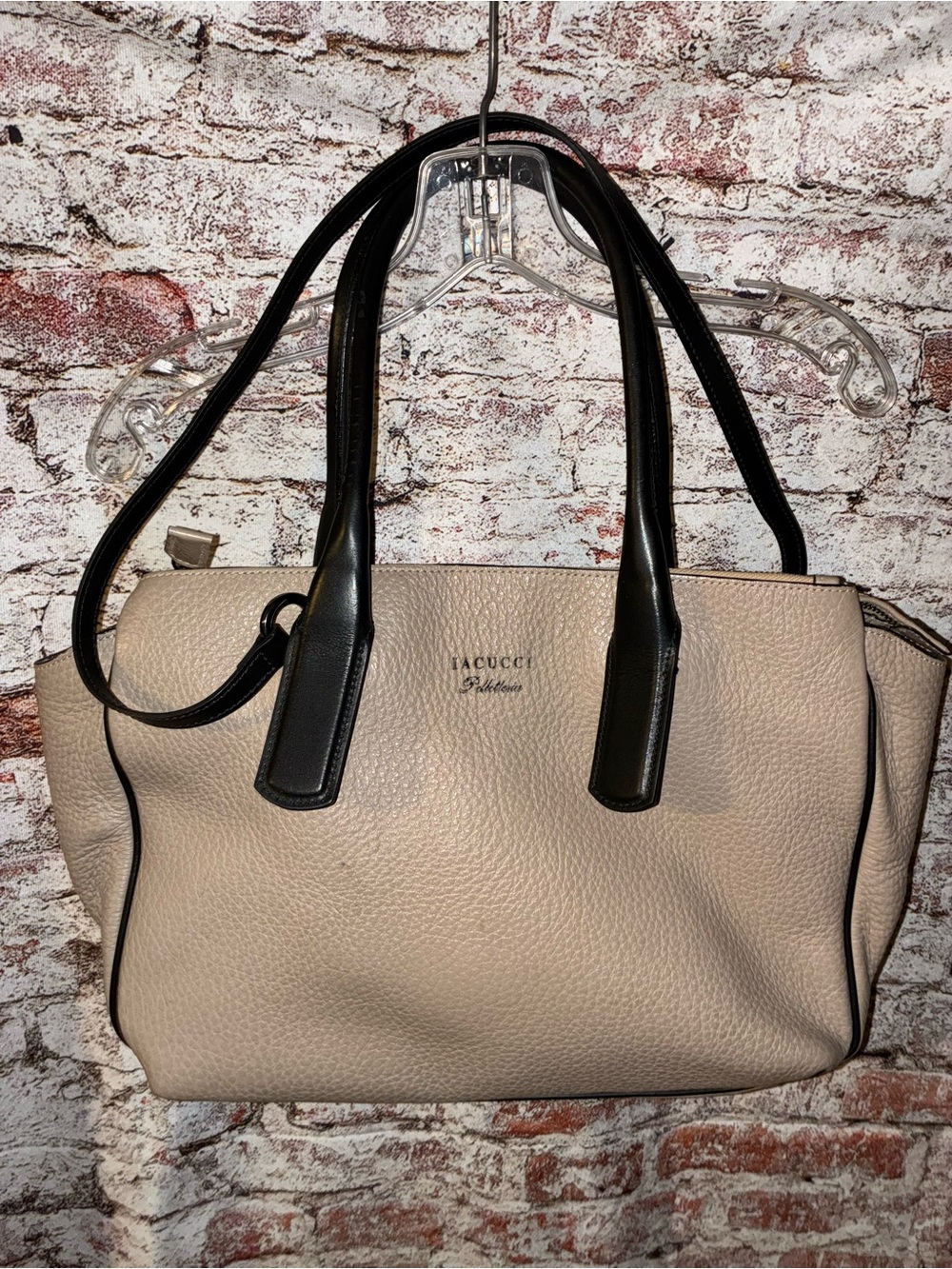 Iacucci Beige Pebble Leather Tote with Black Handles